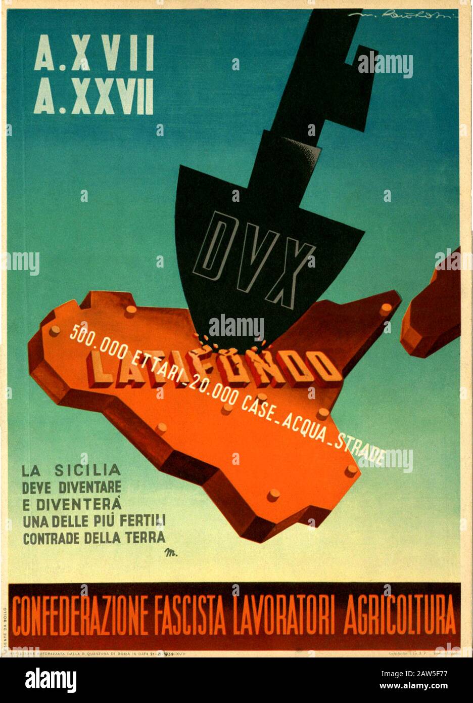 1939 , ROMA , ITALIA : Poster propagandistico per la CONFEDERAZIONE FASCISTA LAVORATORI AGRICOLTURA con l'isola SICILIA . Illustrazione DI WALTER ROV Foto Stock