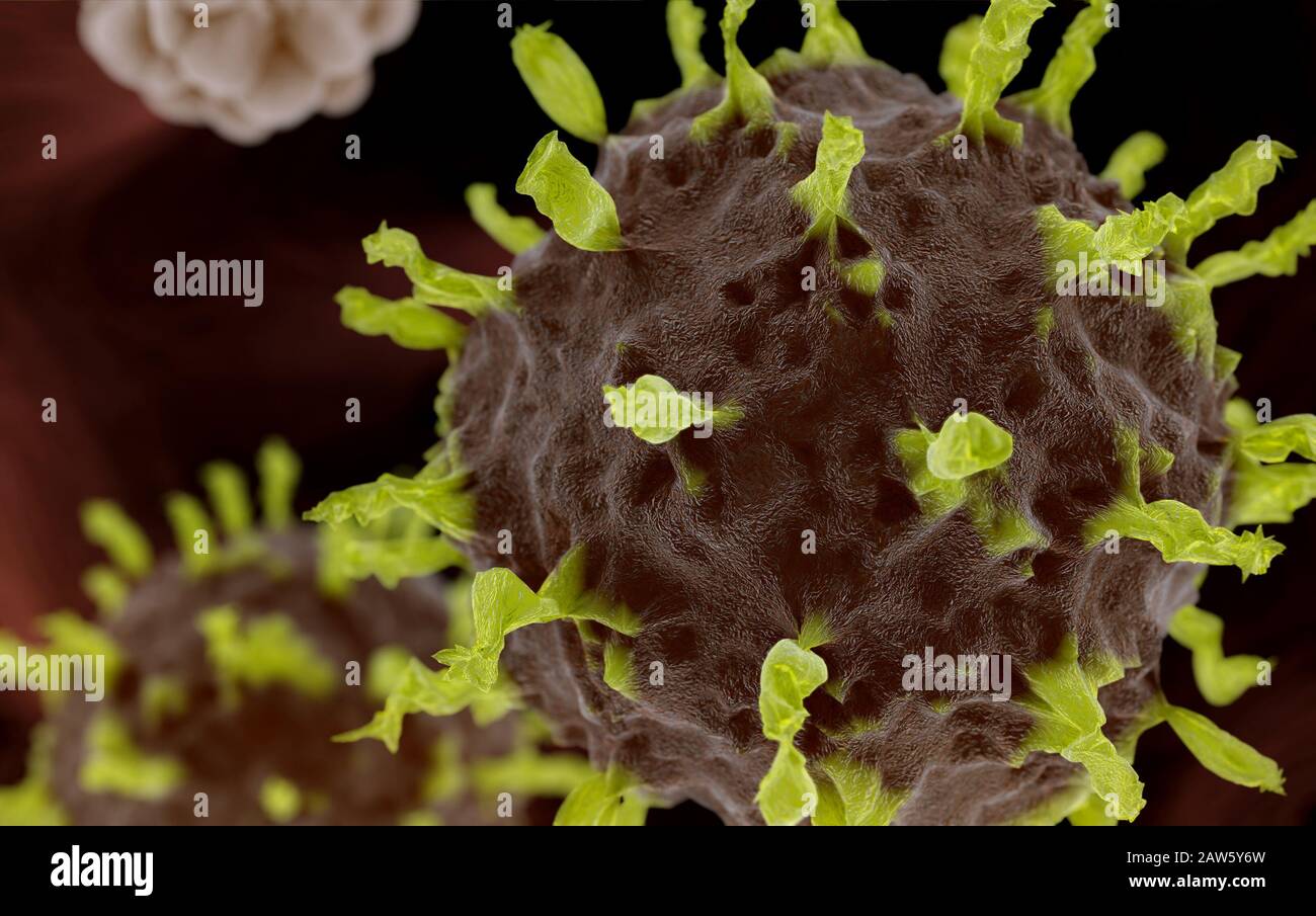 Illustrazione scientifica del Coronavirus di Wuhan, Cina. Rendering 3D basato su immagini microscopiche del virus Foto Stock