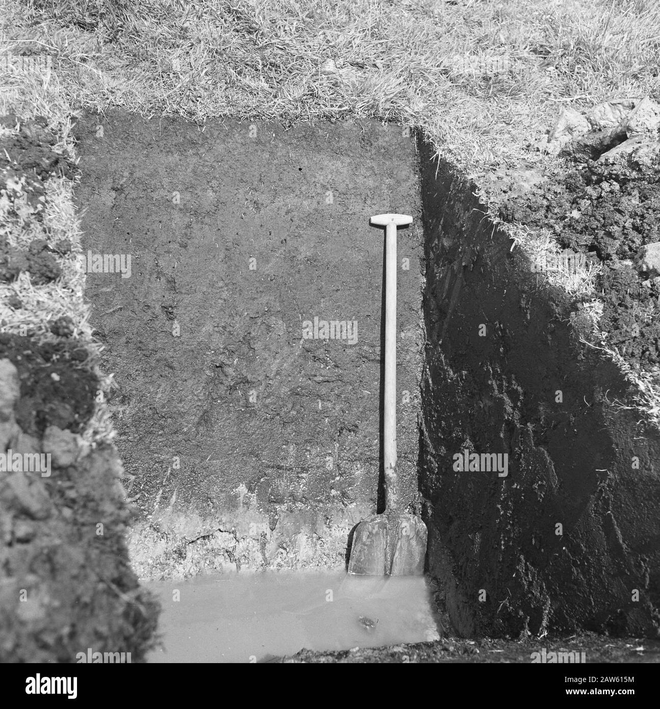 Miniere, suolo, livellamento, levigatura, consolidamento del terreno, strati di torba profonda Haerst, Gennevilliers Data: Luglio 1957 Località: Gennevilliers, Haerst Parole Chiave: Levigatura, strati di torba profondi, livellamento, coltivazione, coltivazione, consolidamento del terreno Foto Stock