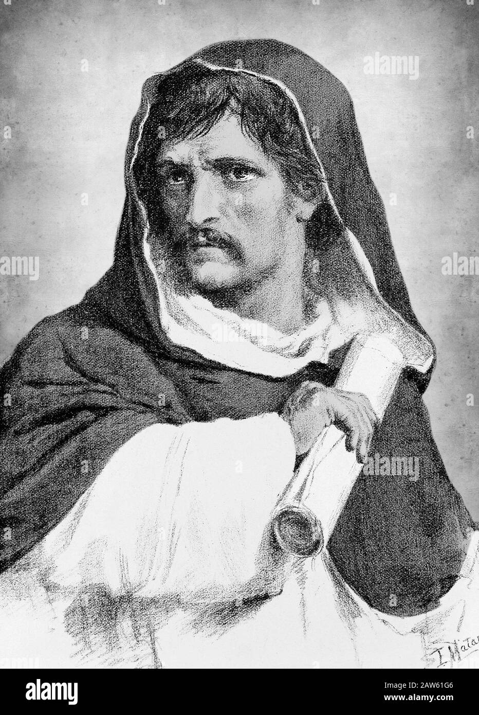 Il filosofo giordano BRUNO (Nola , Bari 1548 - Roma 1600 ), il domenicano religioso italiano, ritratto inciso del XIX secolo da I. Matania . Foto Stock