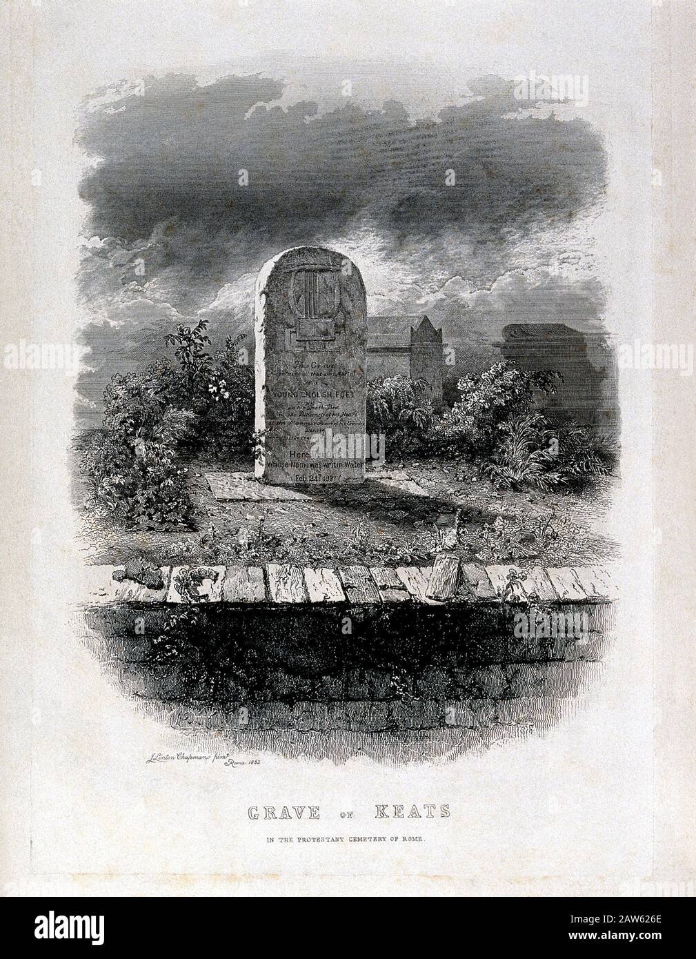 1863 , ITALIA : la tomba del più celebre poeta britannico JOHN KEATS ( 1795 - 1821 ) presso il cimitero protestante di Roma . Incisione del pittore Jhon Lintond Foto Stock