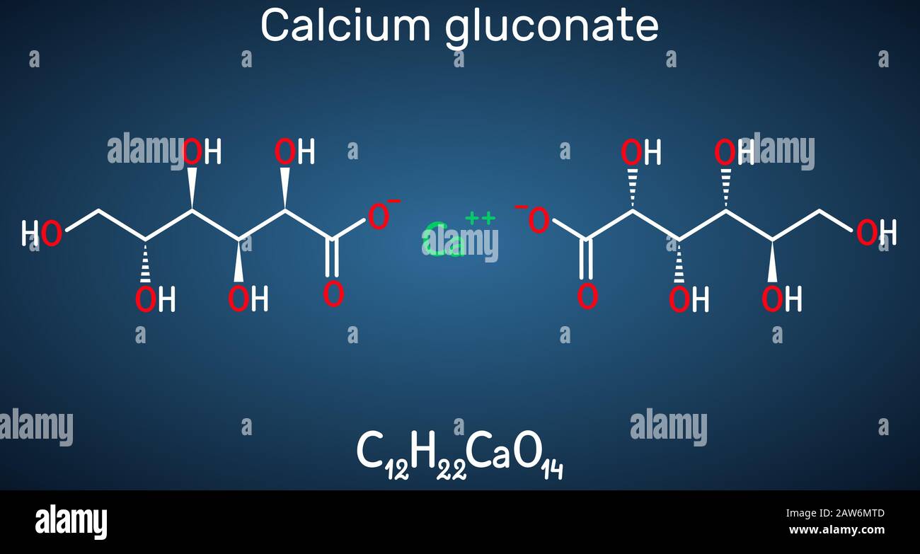 La molecola di gluconato di calcio C12H22CaO14, viene utilizzata come  integratore minerale per il trattamento dell'osteoporosi, dei rachitetti,  dell'ipocalcemia. Formu chimico strutturale Immagine e Vettoriale - Alamy