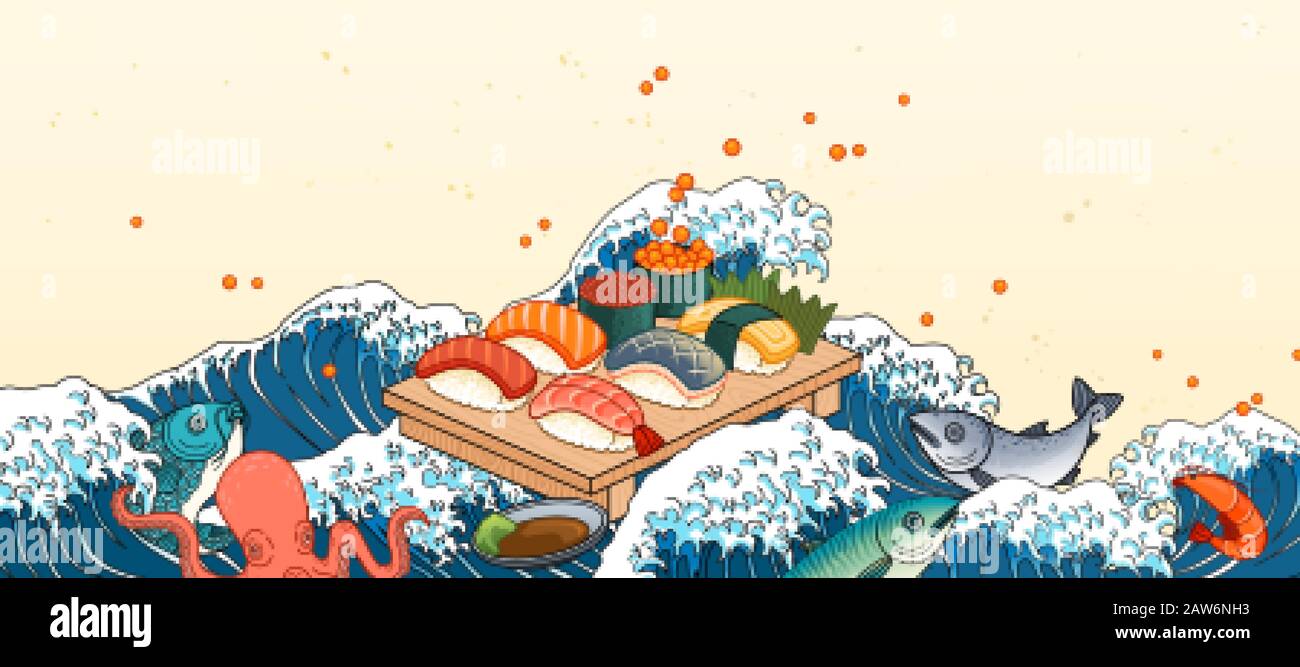 Sashimi su onde giganti maree sfondo in stile ukiyo-e Illustrazione Vettoriale