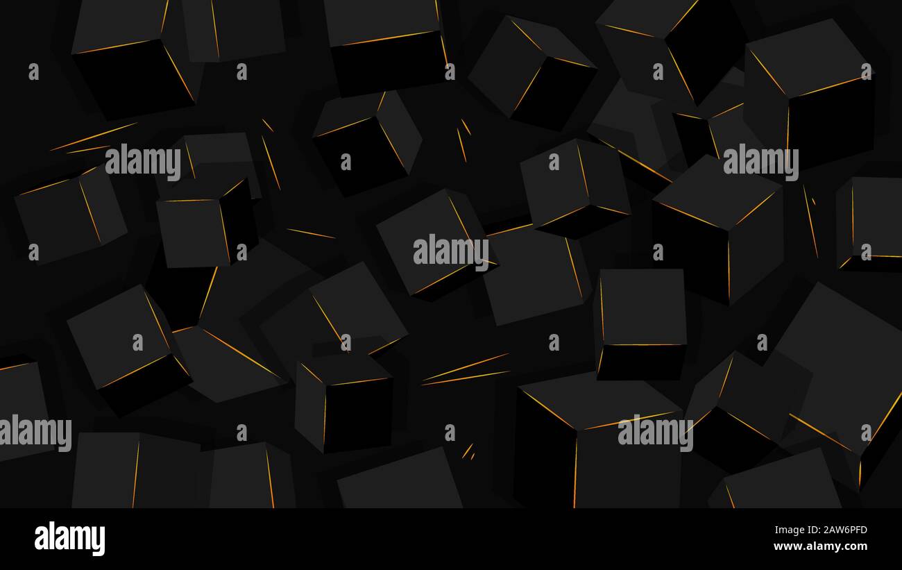 Sfondo minimalista fantascientifico nero, cubi neri con bordi dorati. Illustrazione Vettoriale