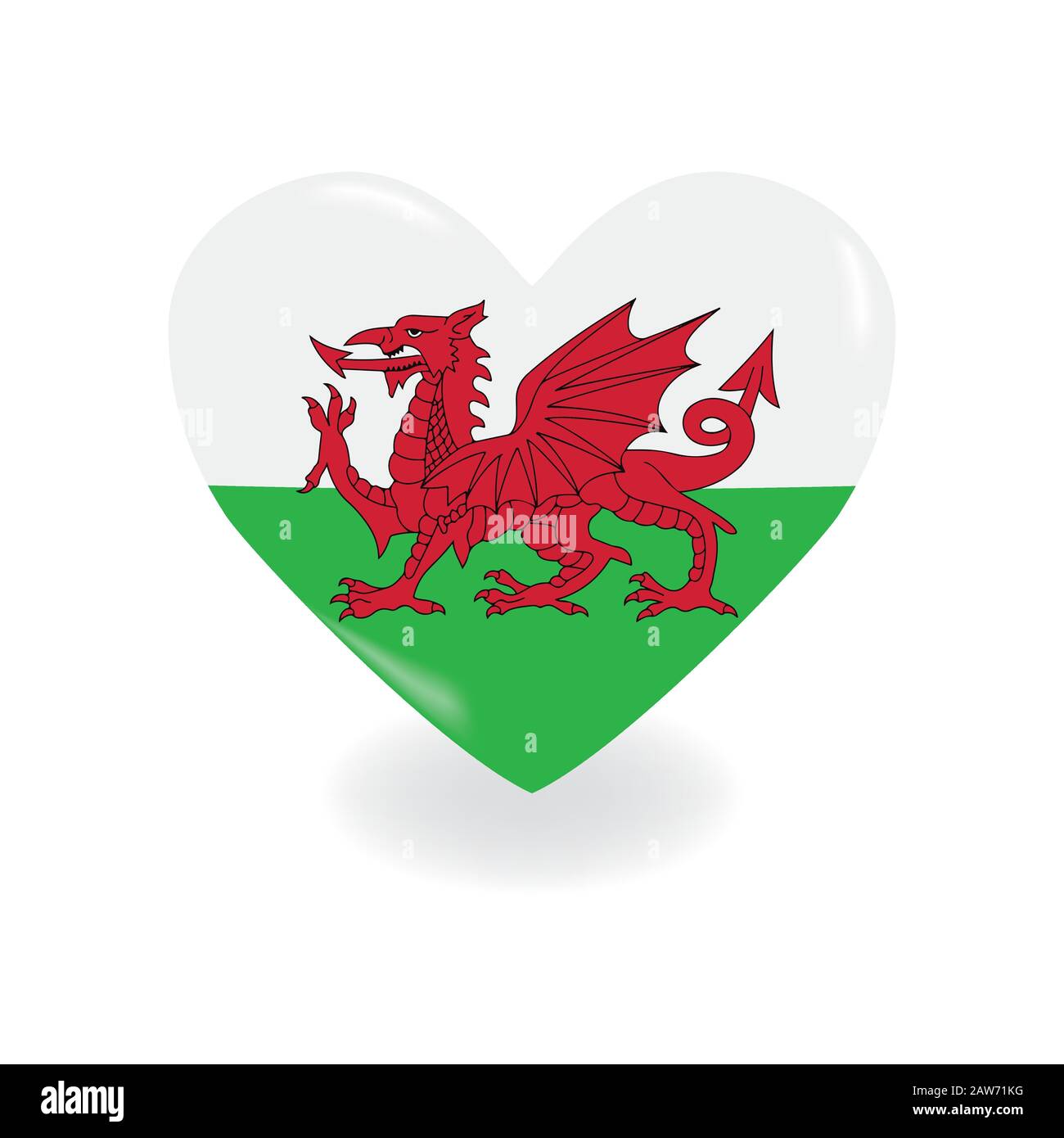 Heart with Wales flag on a white background casts a shadow, vector Illustrazione Vettoriale