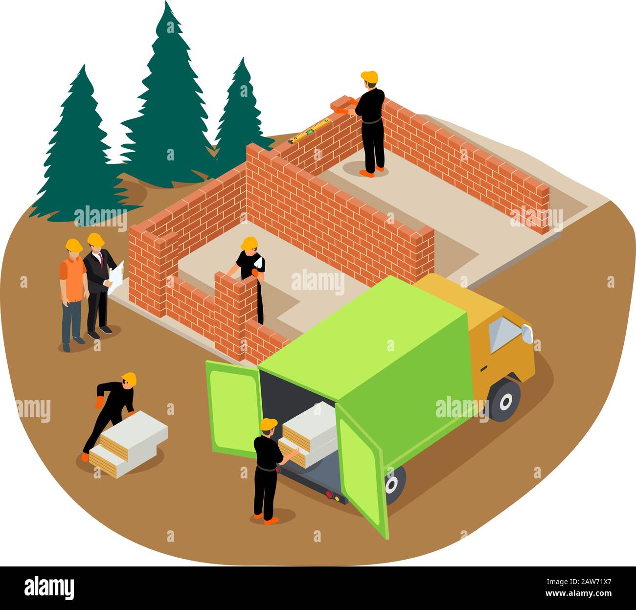 Illustrazione isometrica vettoriale dei lavoratori che costruiscono una casa privata in mattoni e che scaricano l'isolamento da un camion Illustrazione Vettoriale