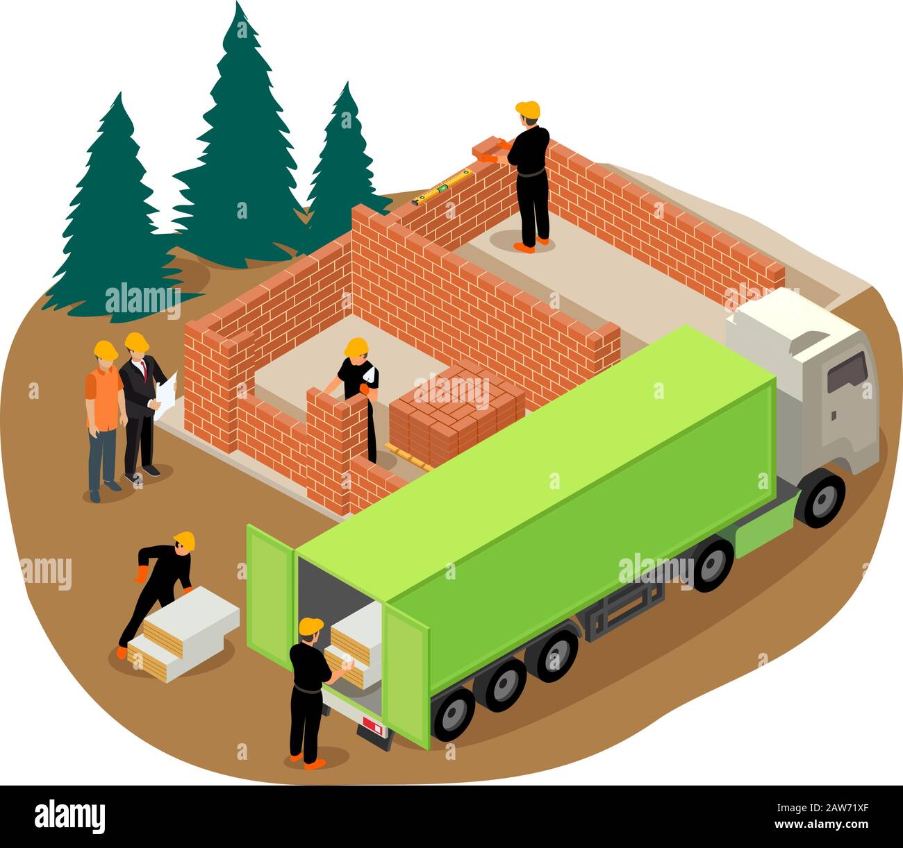 Illustrazione isometrica vettoriale dei lavoratori che costruiscono una casa privata in mattoni e che scaricano l'isolamento da un camion Illustrazione Vettoriale