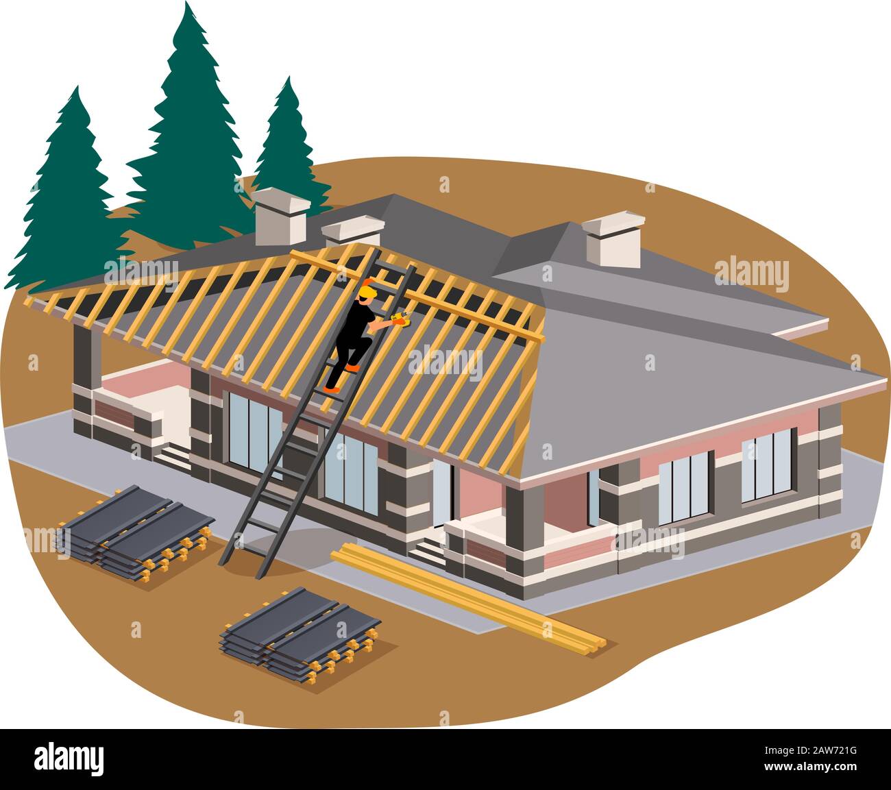 Costruttore che copre il tetto di una casa privata con piastrelle di metallo, illustrazione isometrica vettoriale Illustrazione Vettoriale
