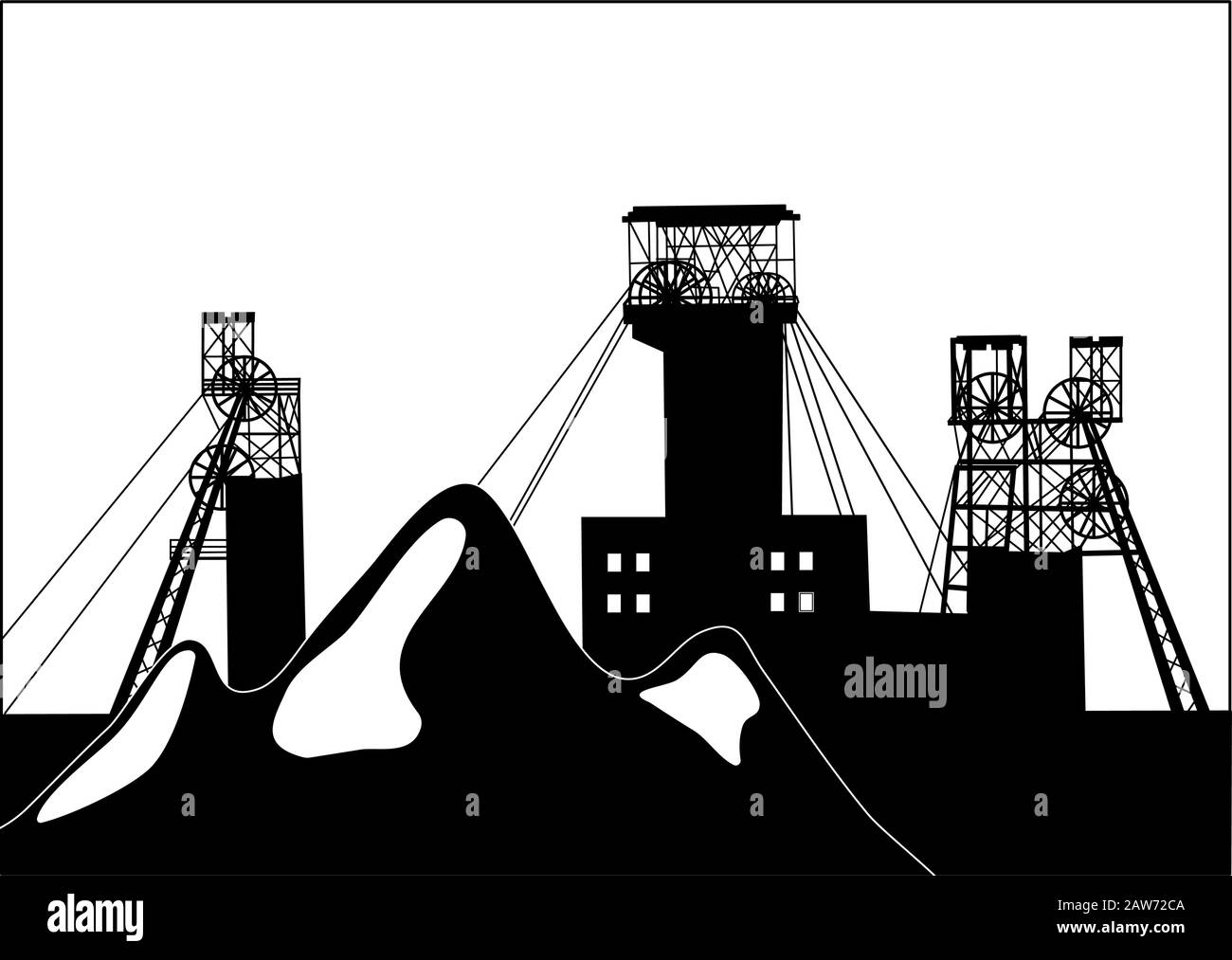 Illustrazione della silhouette vettoriale delle scorie di estrazione del carbone industriale e dei telai strutturali sopra l'albero della miniera. Concetto di metallurgia Illustrazione Vettoriale