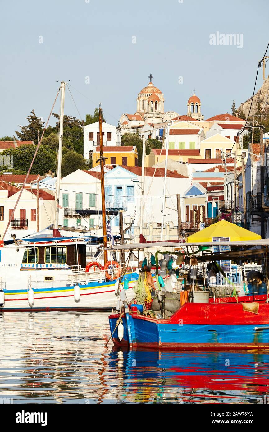 Vue sur le Port. Ile de Kastellorizo, Grèce Foto Stock