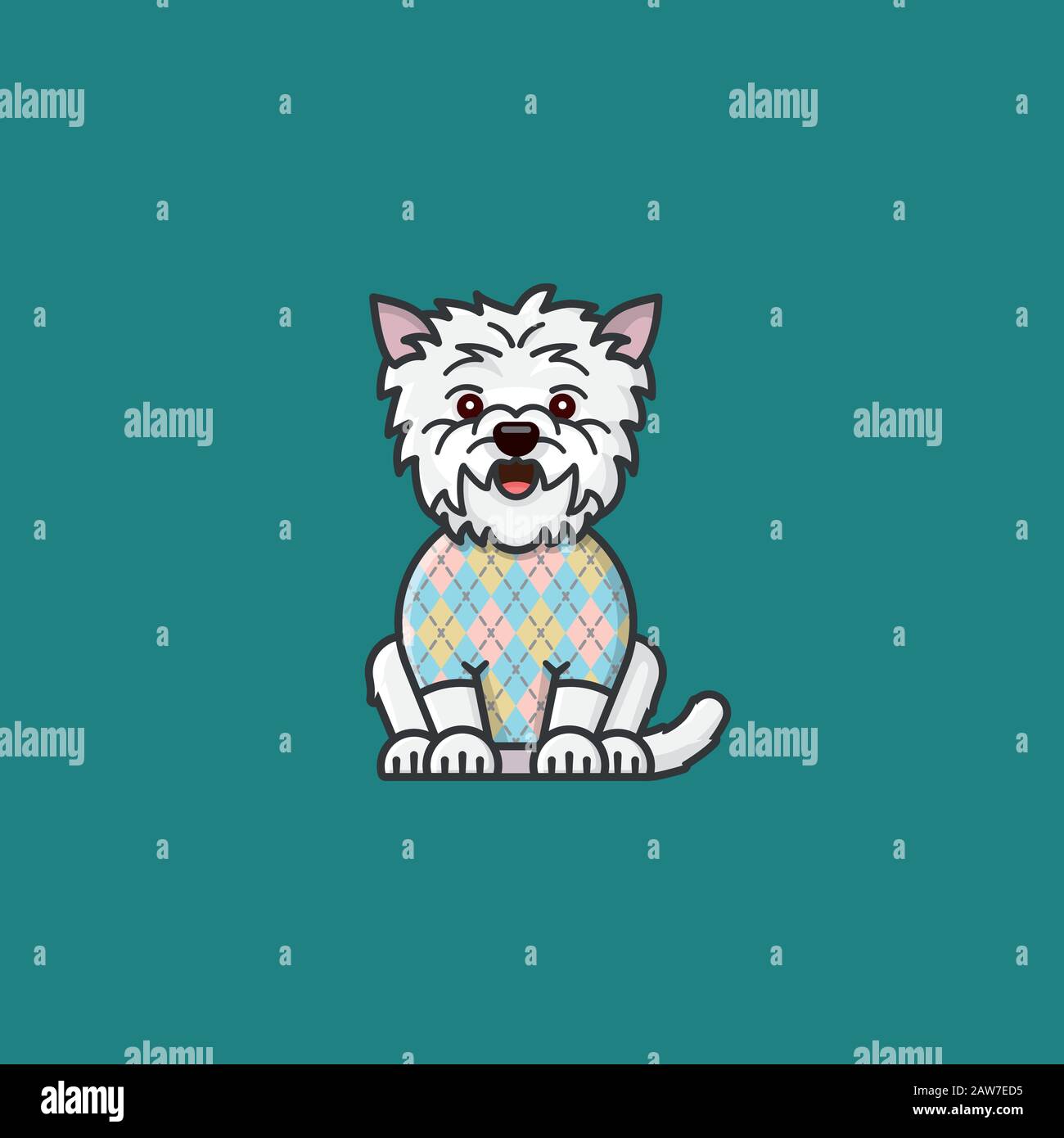 Simpatico personaggio West Highland White Terrier con motivo Argyle sul disegno a colori maglione. Cani di razza pura e di tradizionale abbigliamento scozzese sy Illustrazione Vettoriale