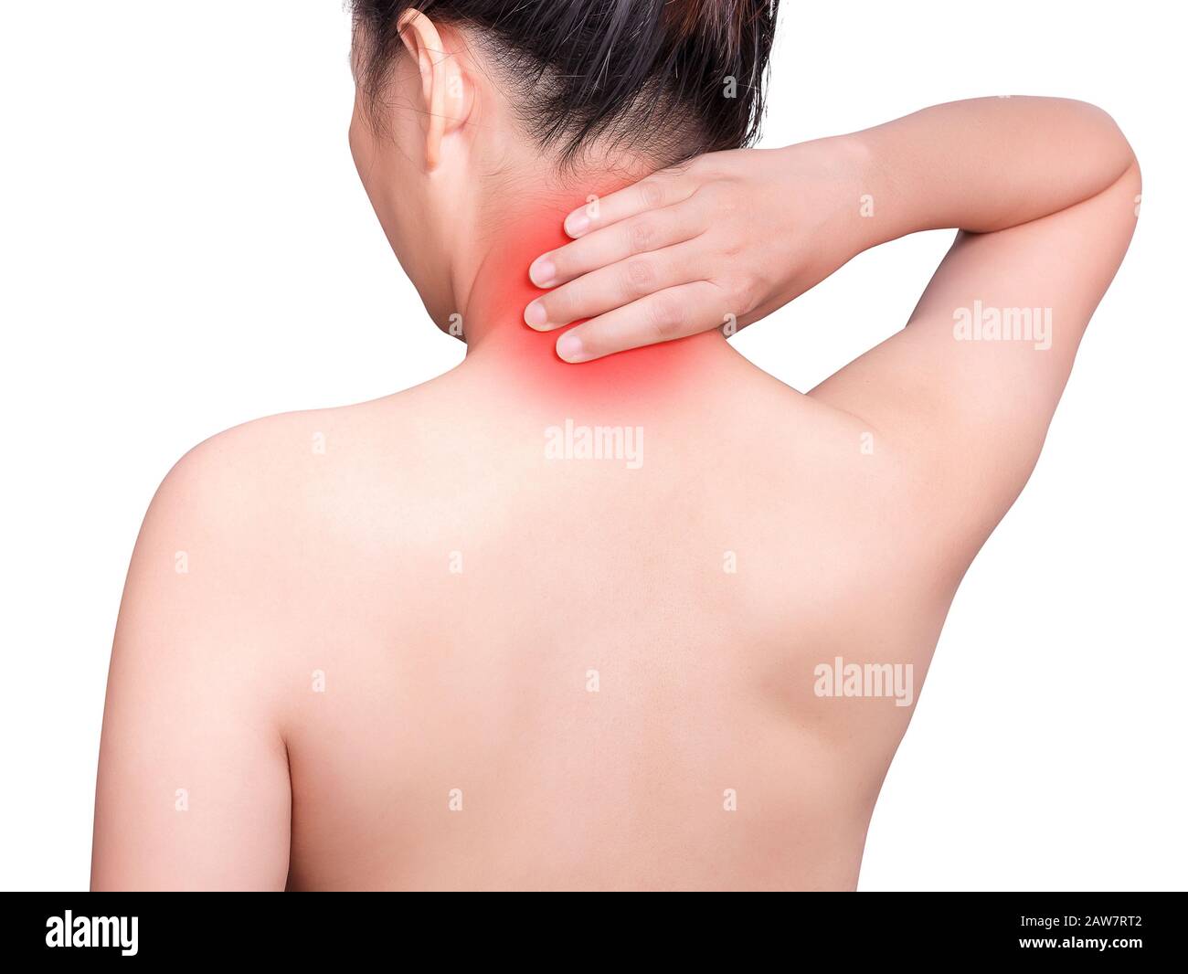 donna che soffre di dolore al collo con massaggio della mano collo e nuca dolorosi. colore rosso con luce rossa al collo , muscoli del collo isolati su backgro bianco Foto Stock donna che soffre di dolore al collo con massaggio della mano collo e nuca dolorosi. colore rosso con luce rossa al collo , muscoli del collo isolati su backgro bianco Foto Stock
