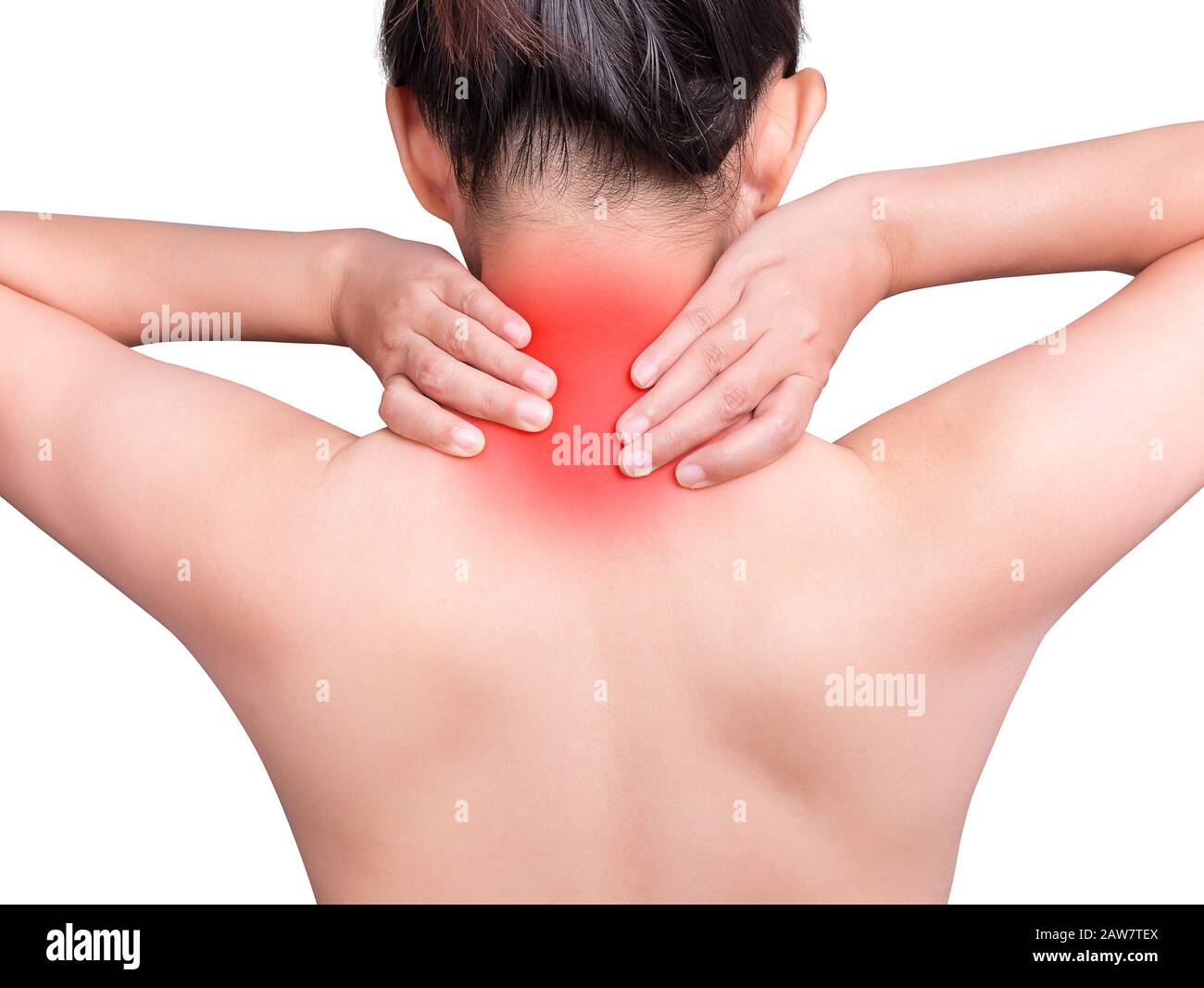 donna che soffre di dolore al collo con massaggio della mano collo e nuca dolorosi. colore rosso evidenziare al collo , muscoli del collo isolato su sfondo bianco. guarire Foto Stock donna che soffre di dolore al collo con massaggio della mano collo e nuca dolorosi. colore rosso evidenziare al collo , muscoli del collo isolato su sfondo bianco. guarire Foto Stock