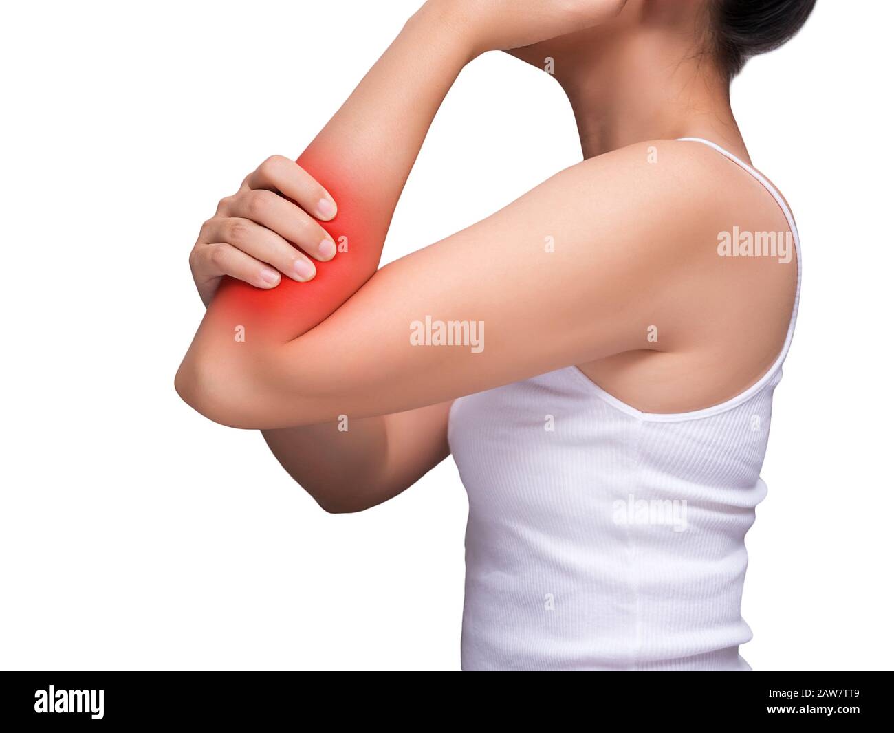 donna che soffre di dolore al braccio, dolore ai muscoli del braccio. colore rosso evidenzia al braccio , muscoli del braccio isolati su sfondo bianco. assistenza sanitaria e medica Foto Stock