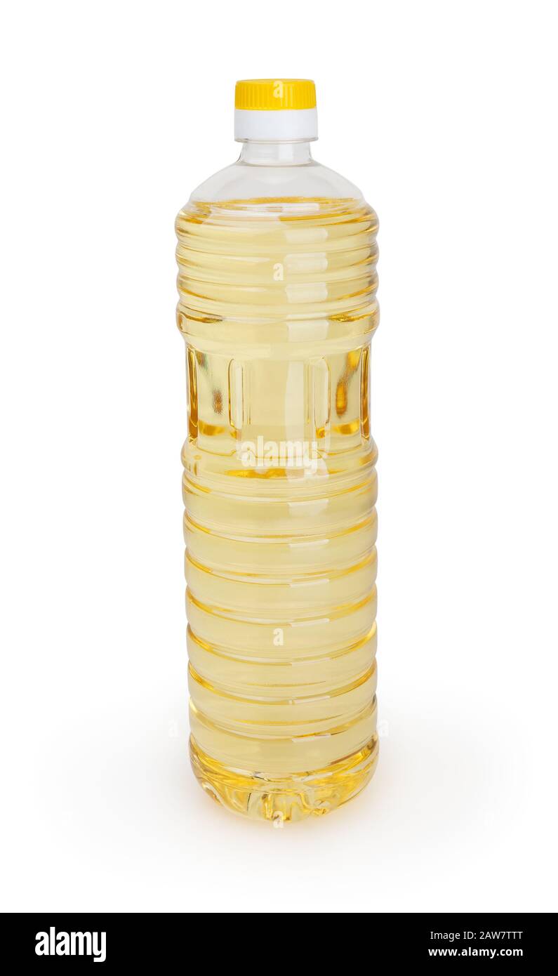 Olio di girasole in bottiglia isolato su fondo bianco con percorso di taglio Foto Stock