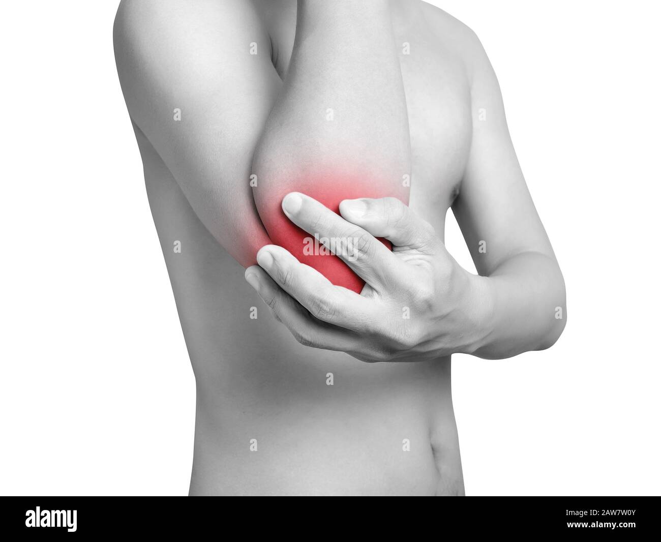 uomo che soffre di dolore al gomito, dolori articolari. tono mono colore evidenziare con rosso al gomito isolato su sfondo bianco. sanità e concetto medico Foto Stock