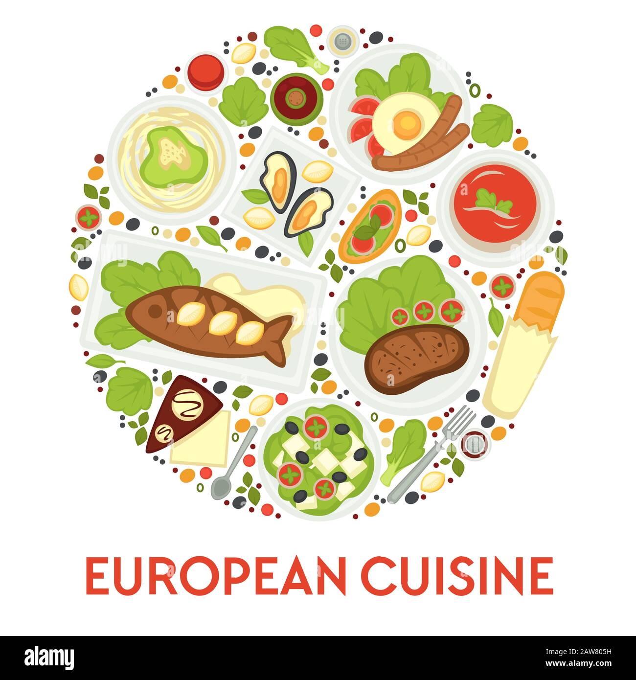 Menu europeo, cucina d'Europa, pasti e dessert Illustrazione Vettoriale