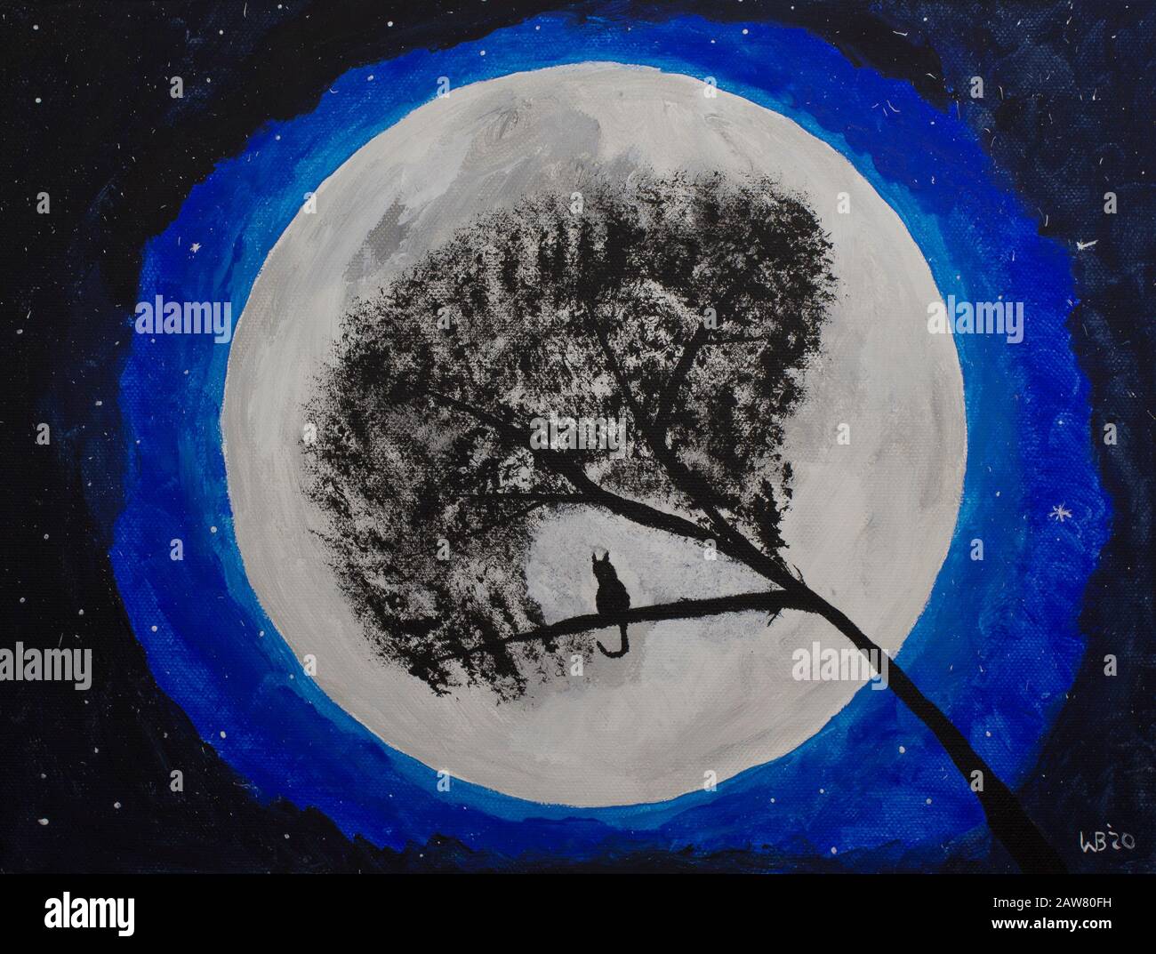 Pittura ad olio: Gatto seduto in un albero a luna piena Foto Stock