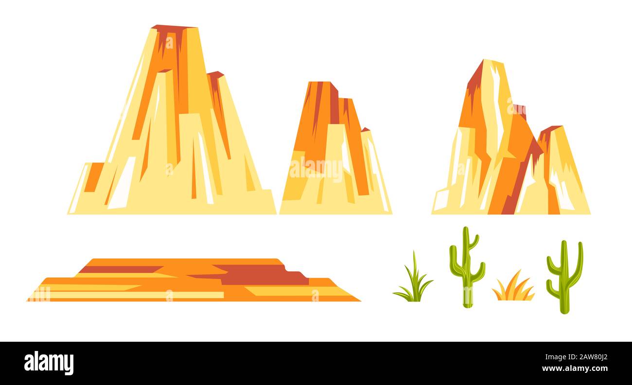 Set di costruttori paesaggistici con formazioni rocciose gialle e piante di cactus Illustrazione Vettoriale