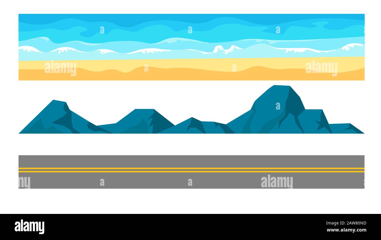 Paesaggio costruttore insieme con spiaggia oceano sabbia e strada statale Illustrazione Vettoriale