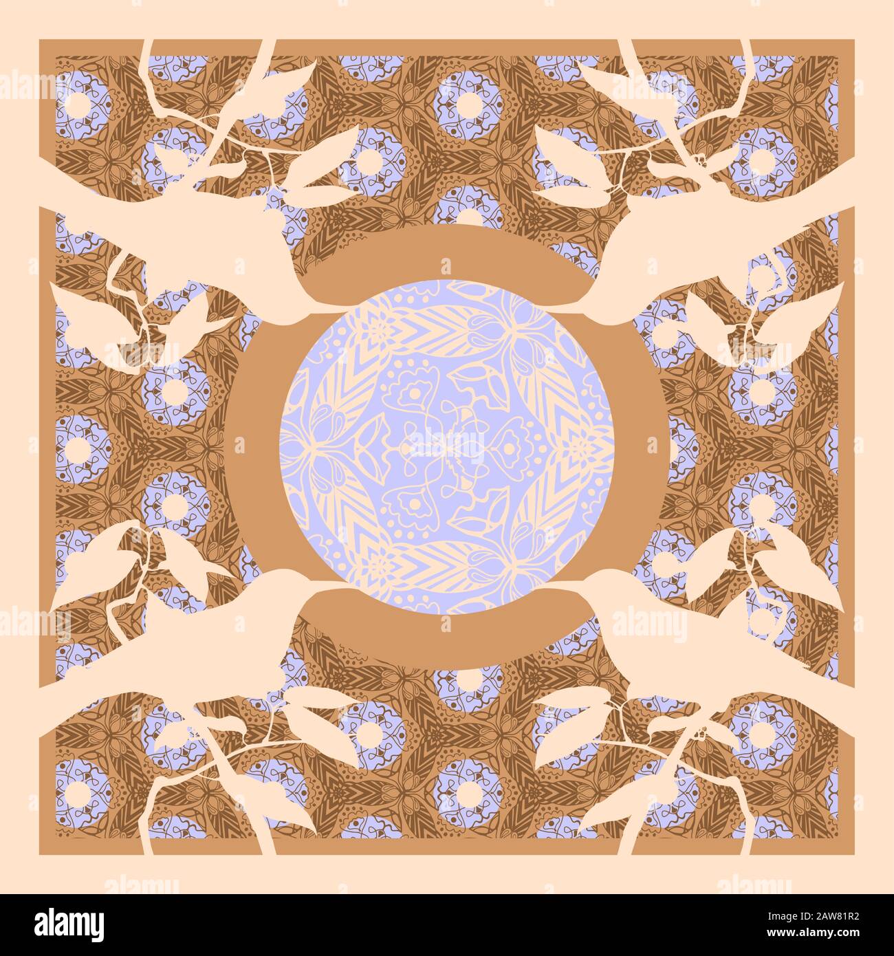 Estate, colori autunnali. Sciarpa di seta con uccelli. Illustrazione Vettoriale