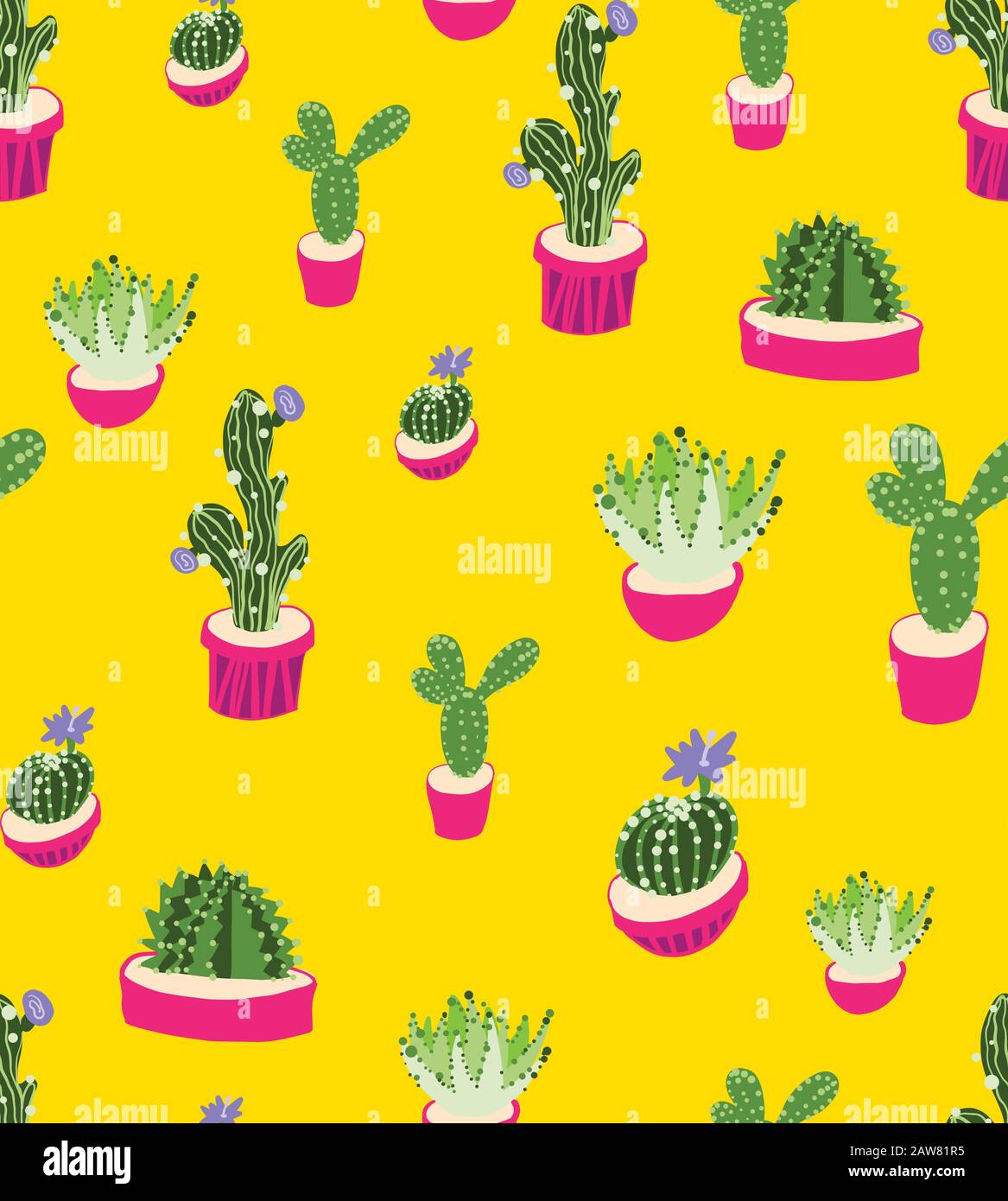 Motivo ripetitivo senza cuciture con cactus su sfondo giallo. Illustrazione Vettoriale