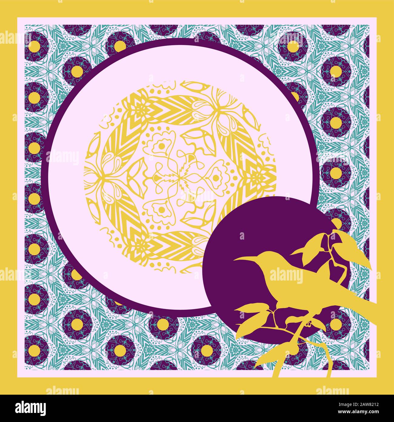 Estate, colori autunnali. Sciarpa di seta con uccelli. Illustrazione Vettoriale