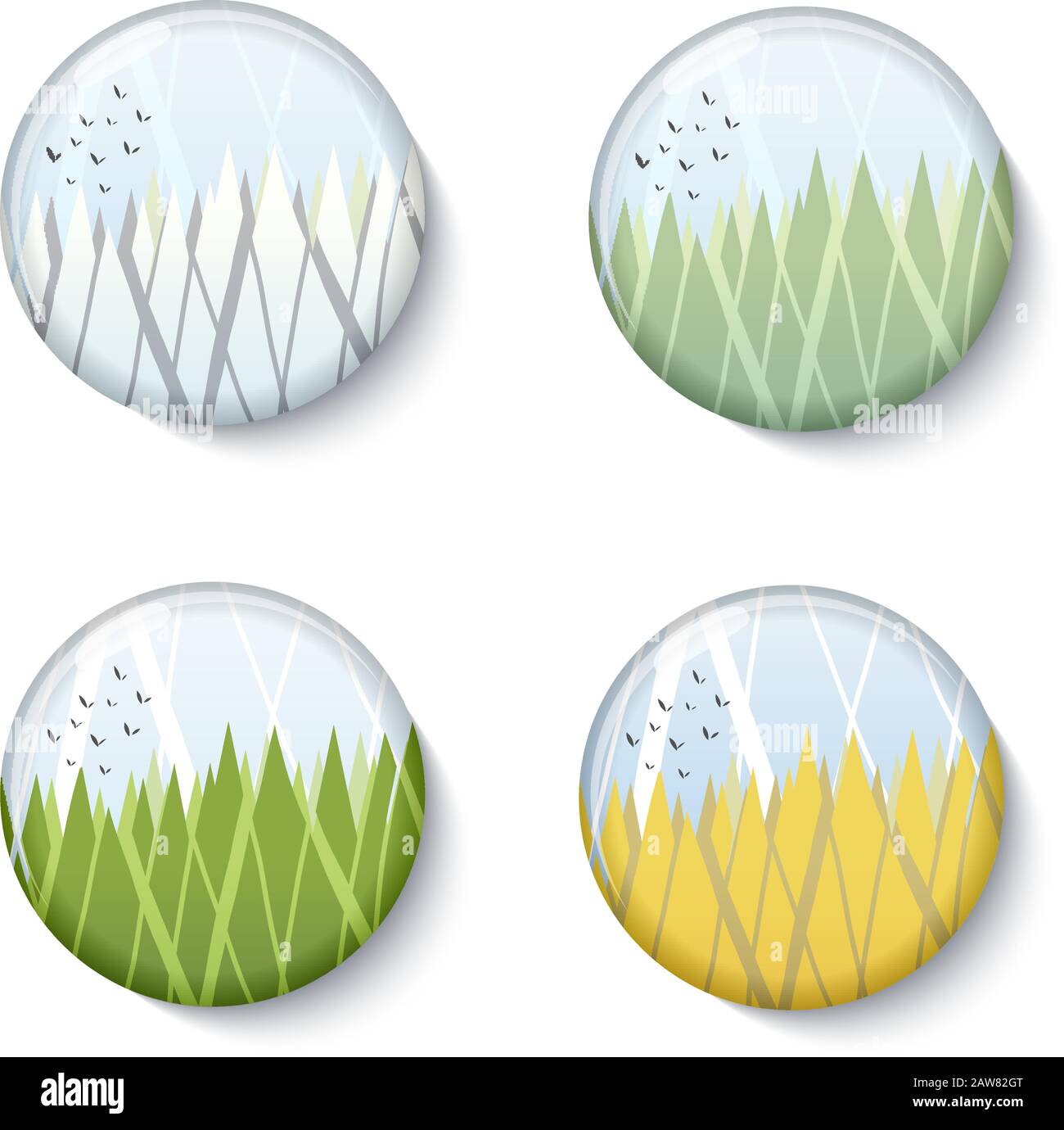 Quattro stagioni tondo paesaggio icone vettoriali illustrazioni in basso stile poligono. Illustrazione Vettoriale