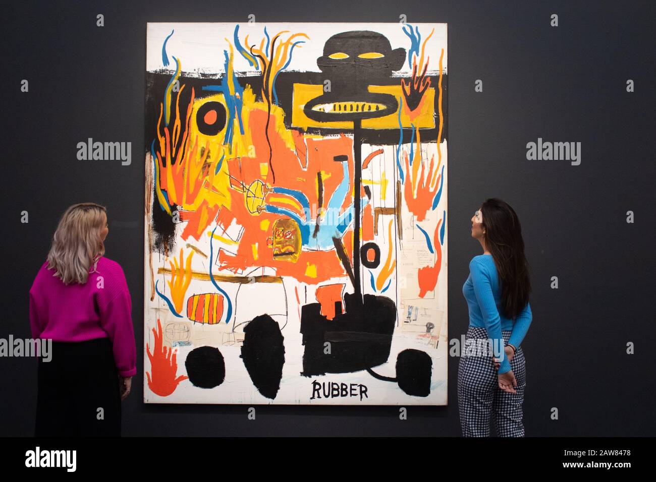 Londra, Regno Unito - 7 febbraio 2020: Jean-Michel Basquiat, Rubber, 1985, Acrilico, bastone di petrolio e collage su tela. Stima: £6-8 milioni saranno offerti in Sotheby's Centemallary Art Evening Auction l'11 febbraio . amer ghazzal/Alamy Live News Foto Stock