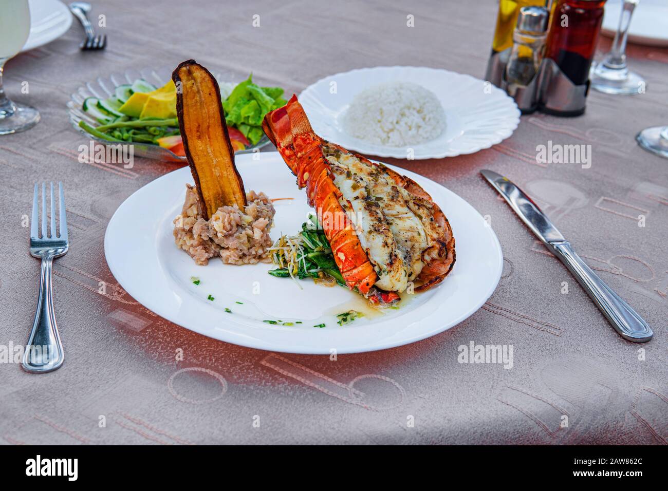 L'aragosta alla griglia è posta su un piatto con un piatto laterale di purè di patate, banane fritte, verdure e riso e un bicchiere di cocktail. Foto Stock