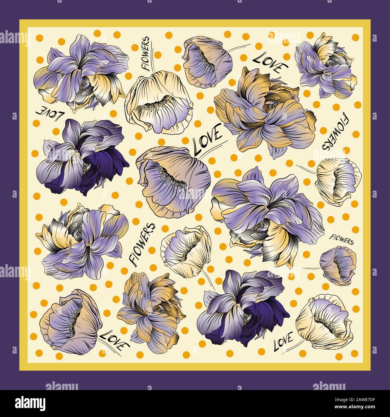 Sciarpa di seta colorata con papavero e peonie fioriti. Illustrazione Vettoriale