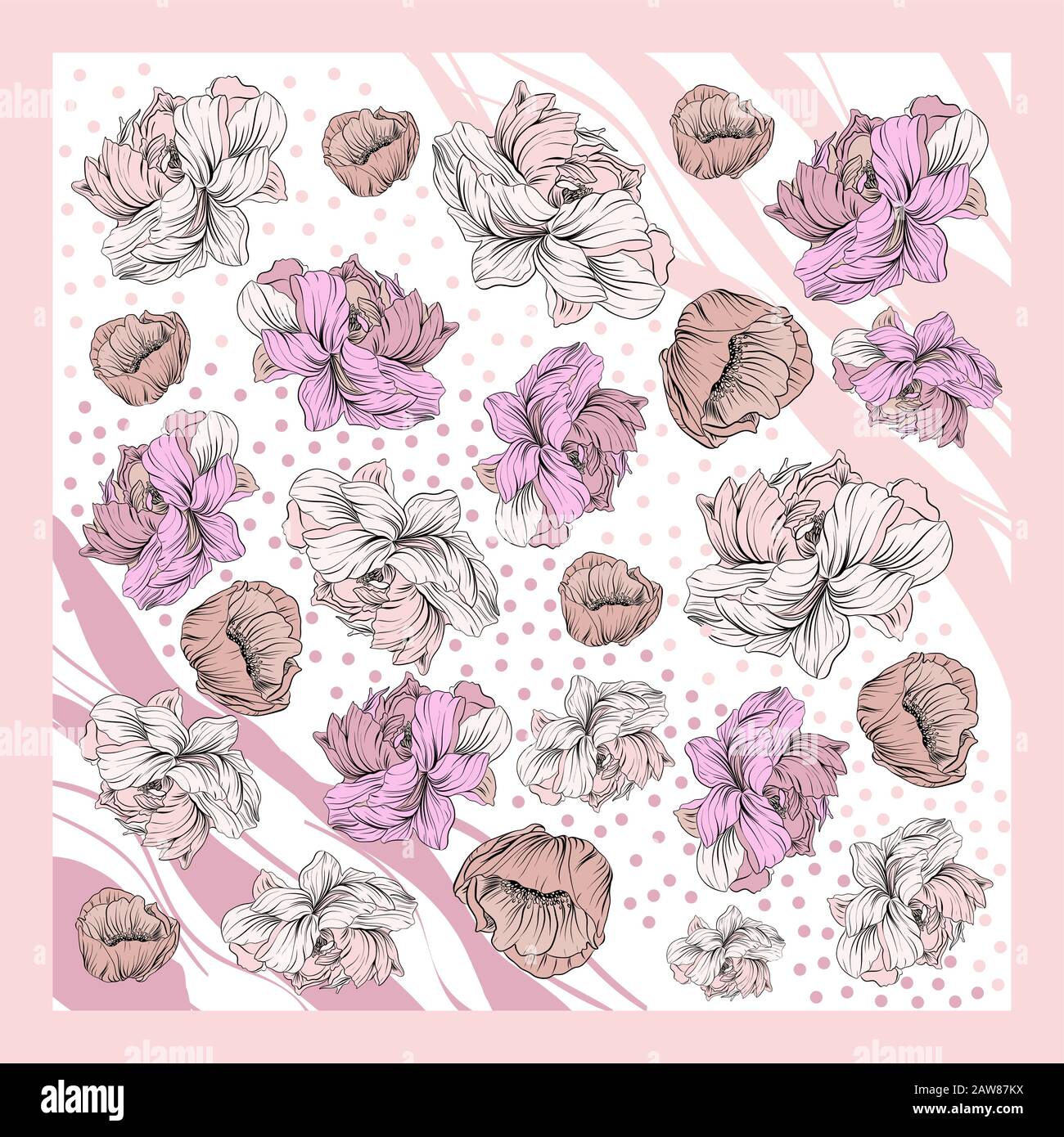 Sciarpa di seta colorata con papavero e peonie fioriti. Illustrazione Vettoriale