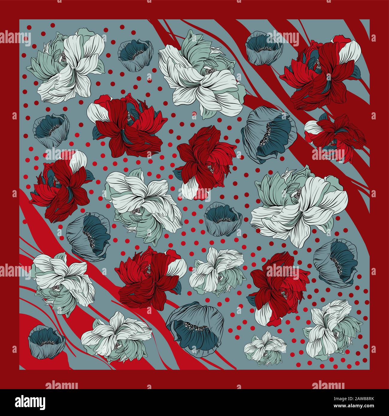 Sciarpa di seta colorata con papavero e peonie fioriti. Illustrazione Vettoriale