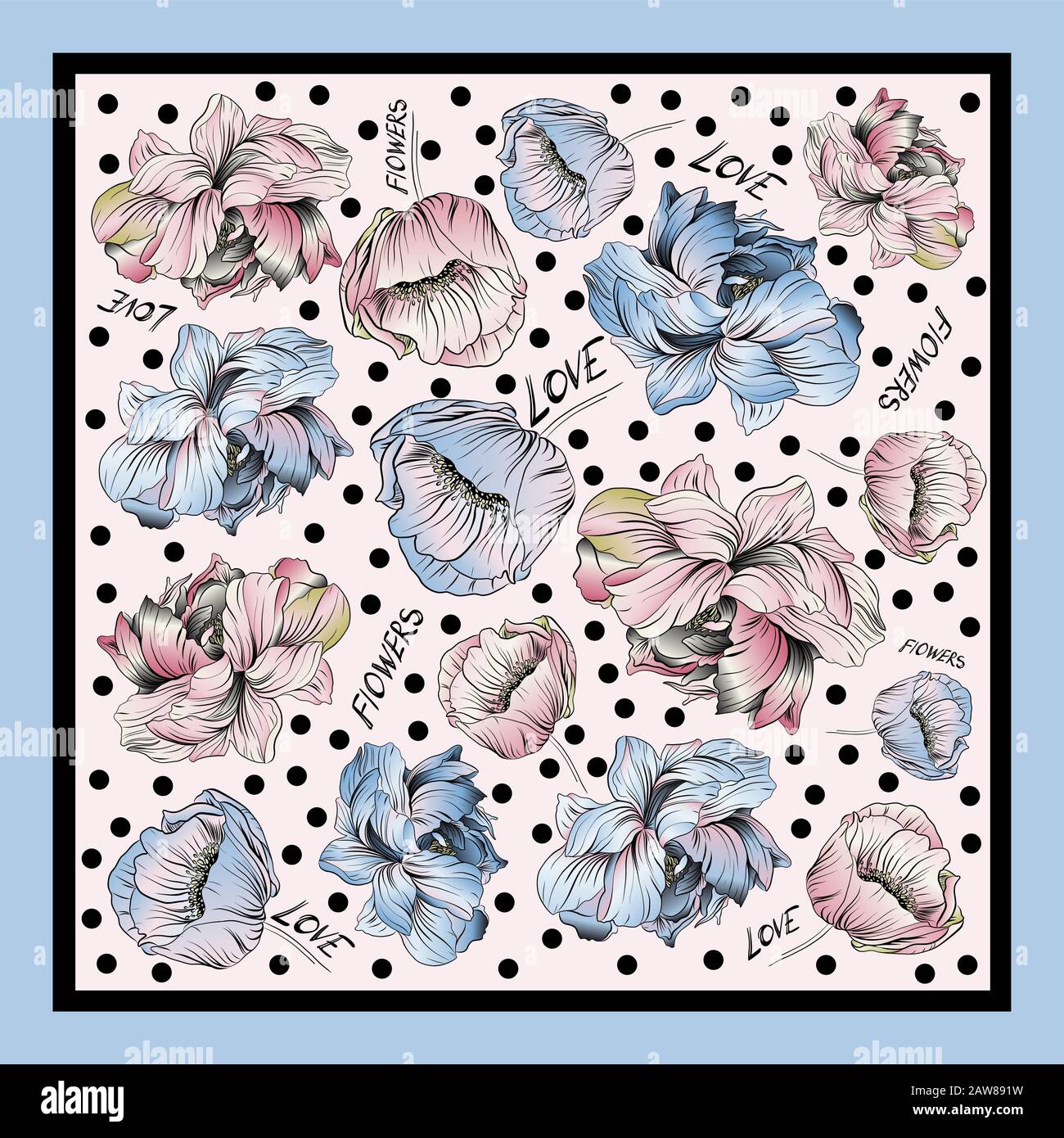 Sciarpa di seta colorata con poppie fiorite e peonie. Illustrazione Vettoriale