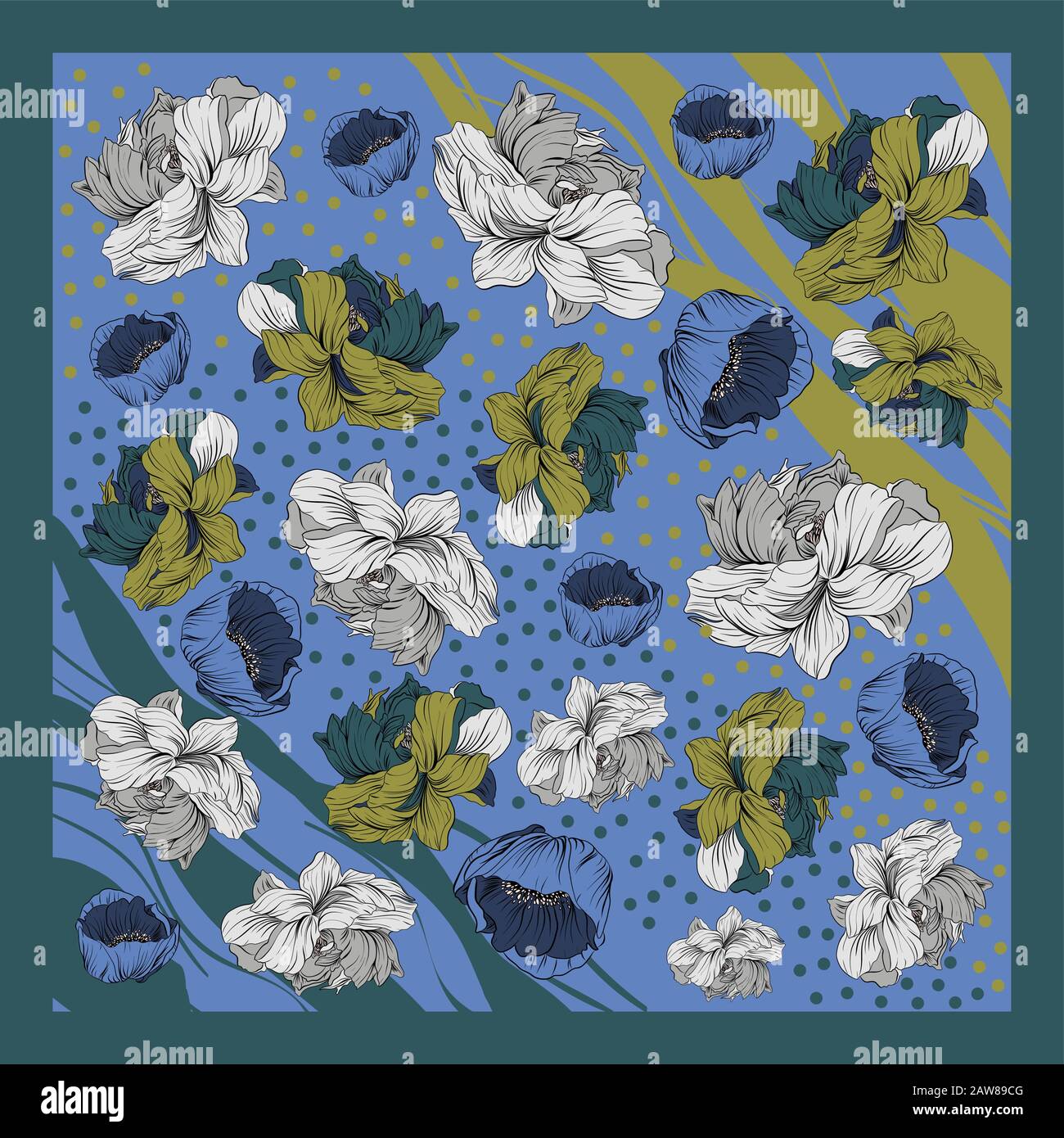 Sciarpa di seta colorata con papavero e peonie fioriti. Illustrazione Vettoriale