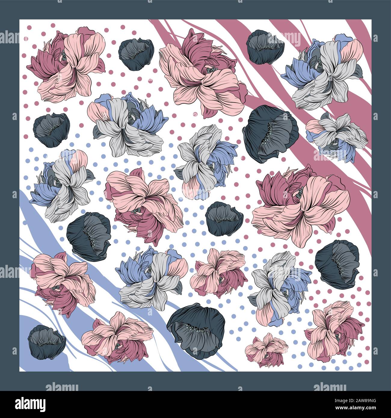 Sciarpa di seta colorata con papavero e peonie fioriti. Illustrazione Vettoriale