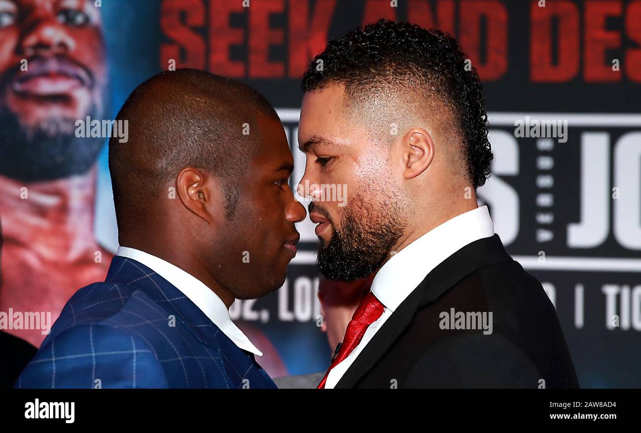 Daniel Dubois e Joe Joyce durante la conferenza stampa alla BT Tower di Londra. Foto Stock