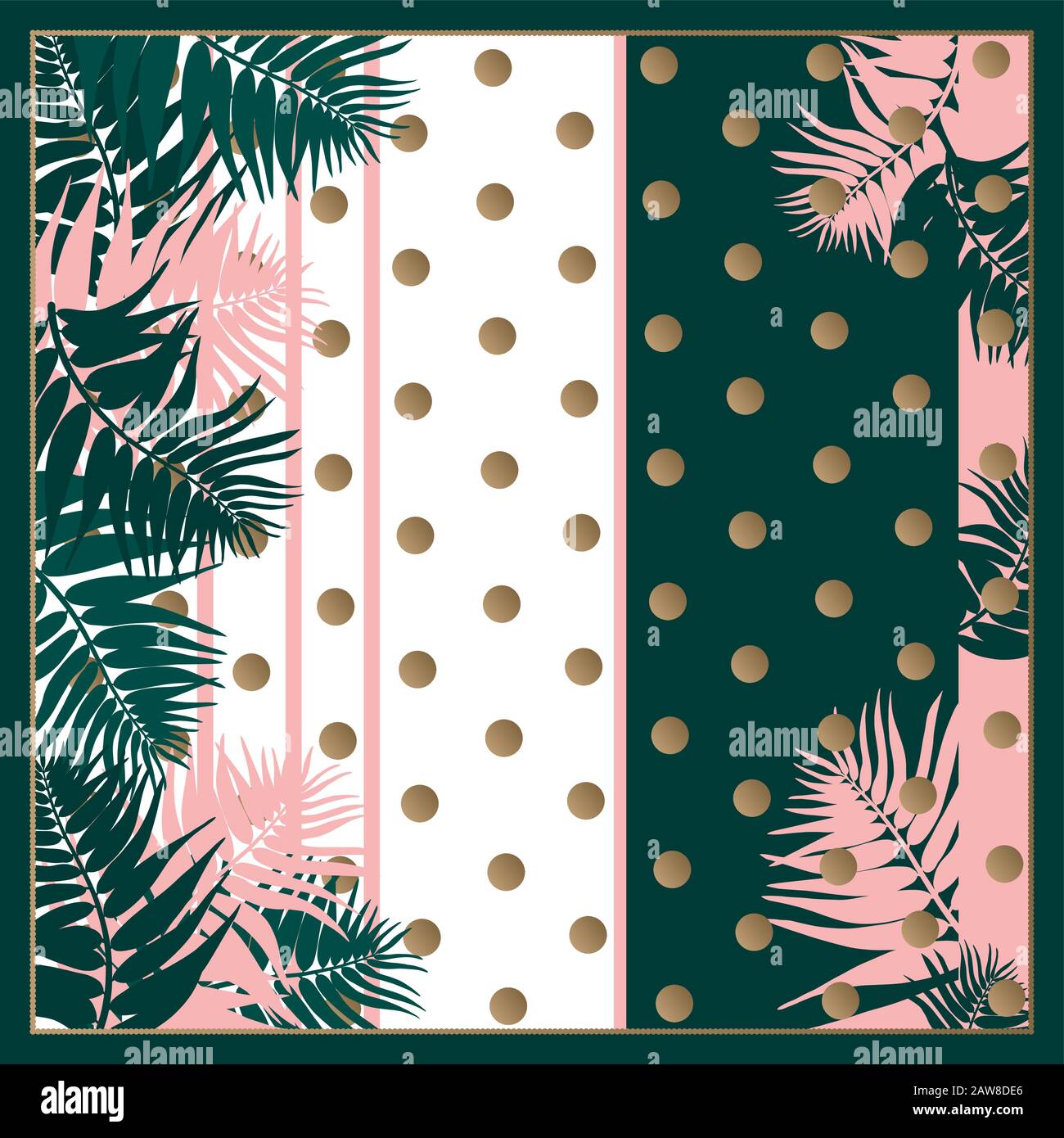 Sciarpa di seta con foglie di palma su punti e striscia sfondo con. Illustrazione Vettoriale