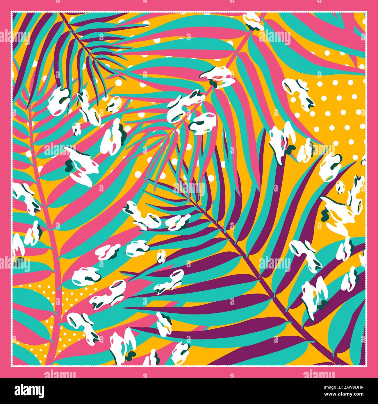 Sciarpa in seta con foglie di palma su sfondo grunge con macchie leopardo. Illustrazione Vettoriale