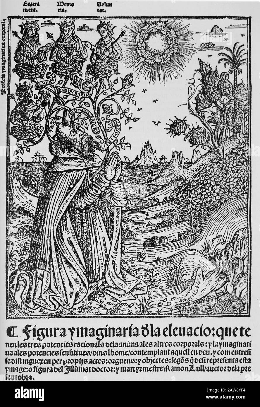 Ramon Lullo (1235-1316). Scrittore e filosofo spagnolo. Copertina dell'edizione valenciana di Blanquerna, 1521. Ritratto dell'autore. Spagna. Foto Stock