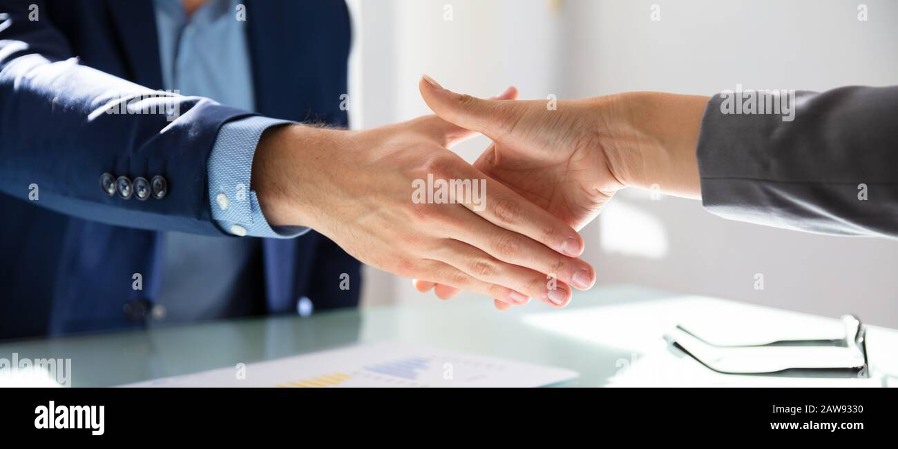 Vista Laterale Dell'Uomo D'Affari Scuotendo Le Mani Con Il Suo Partner Over Desk Foto Stock