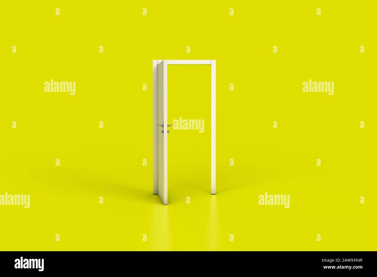 3d rendering di interni in legno porta aperta, ingresso e porte, isolato su sfondo giallo. Foto Stock