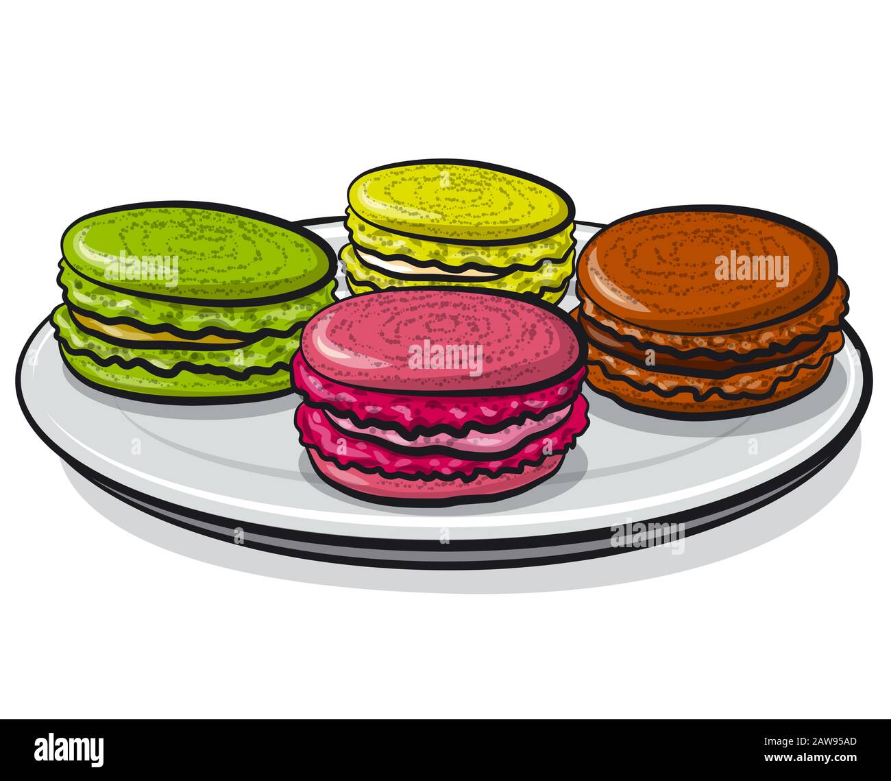 illustrazione dei colorati macarons biscotti dessert sul piatto Illustrazione Vettoriale