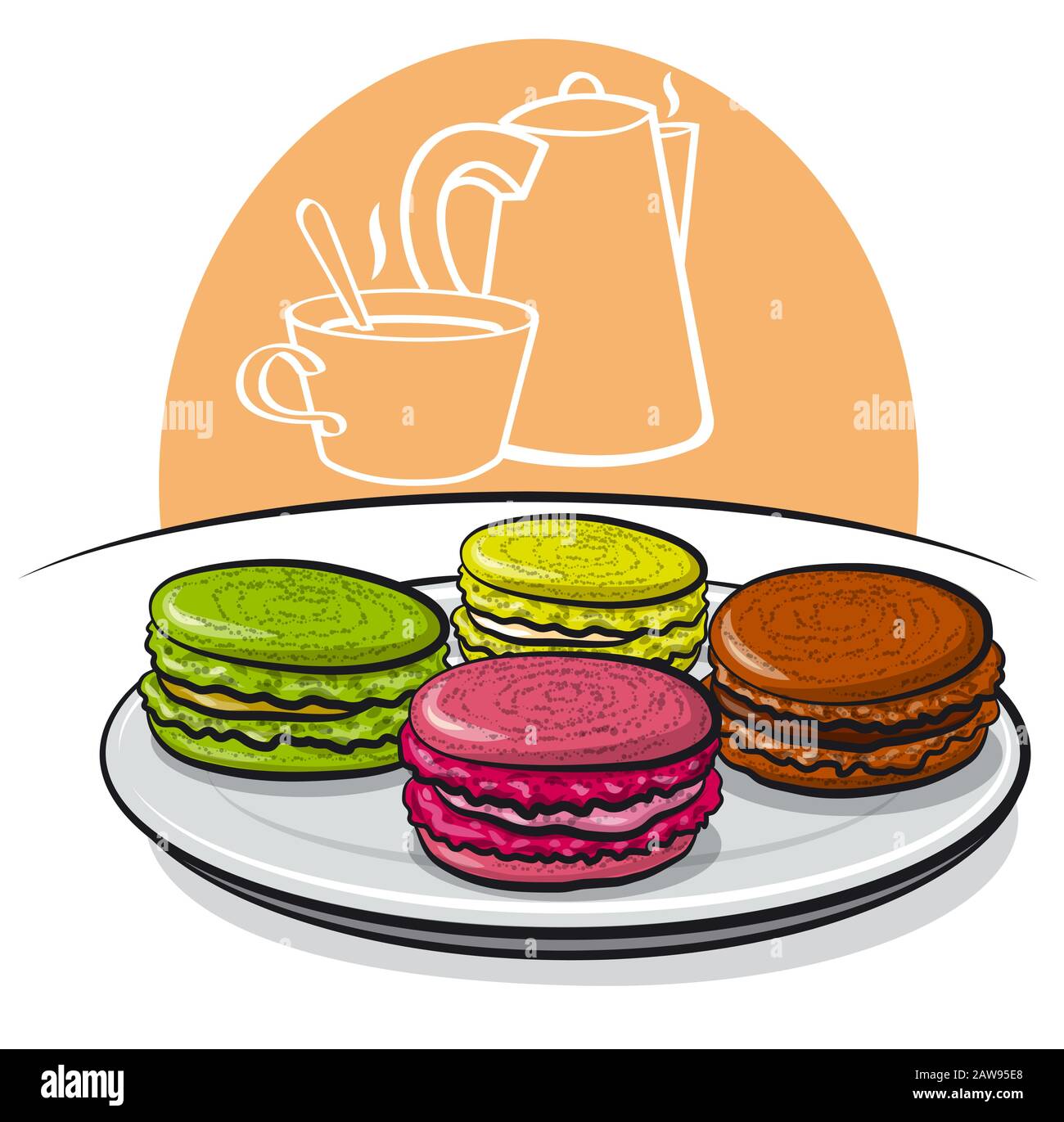 illustrazione dei colorati macarons biscotti dessert sul piatto Illustrazione Vettoriale