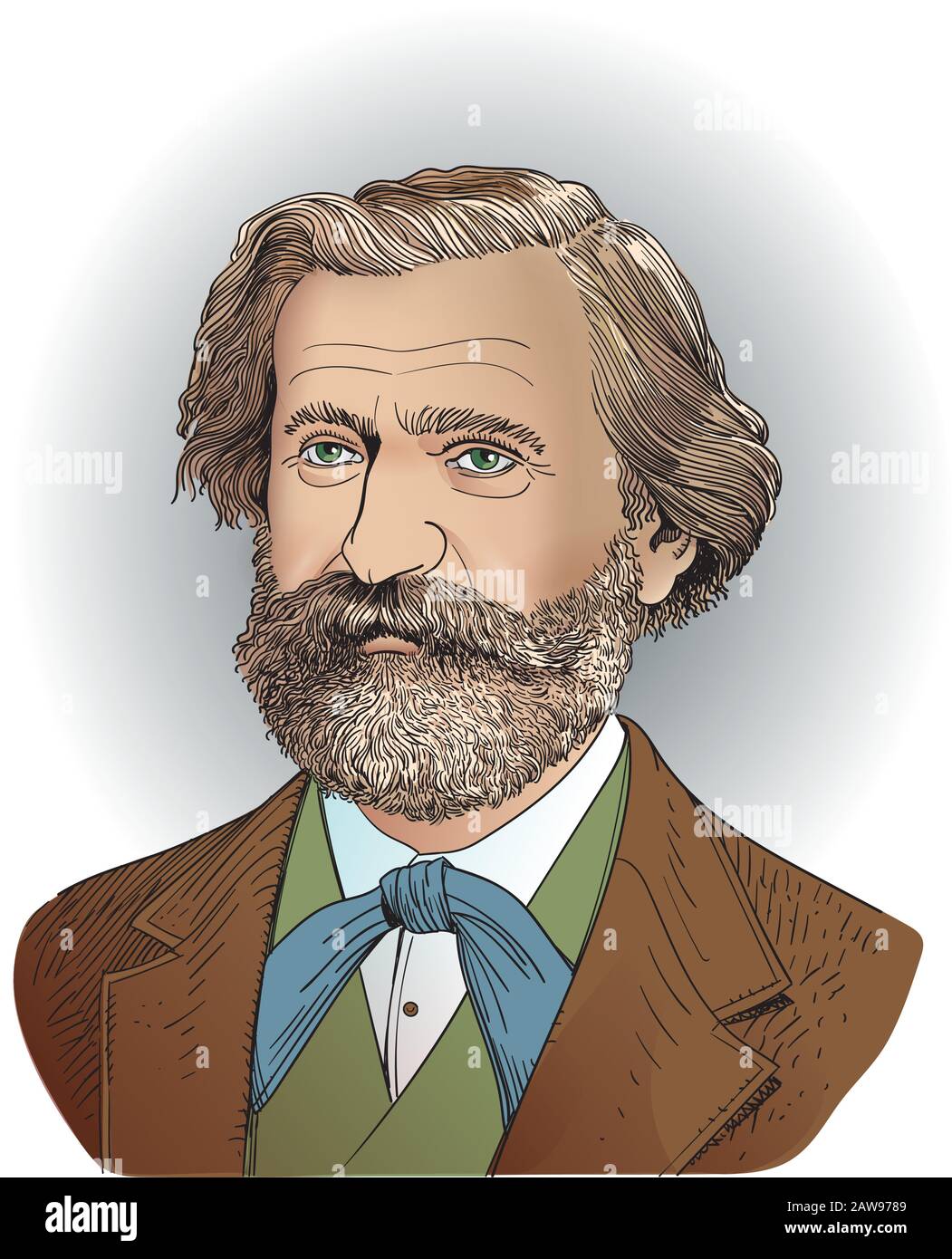 Illustrazione vettoriale del compositore d'opera Giuseppe Verdi in stile cartone animato. Illustrazione Vettoriale