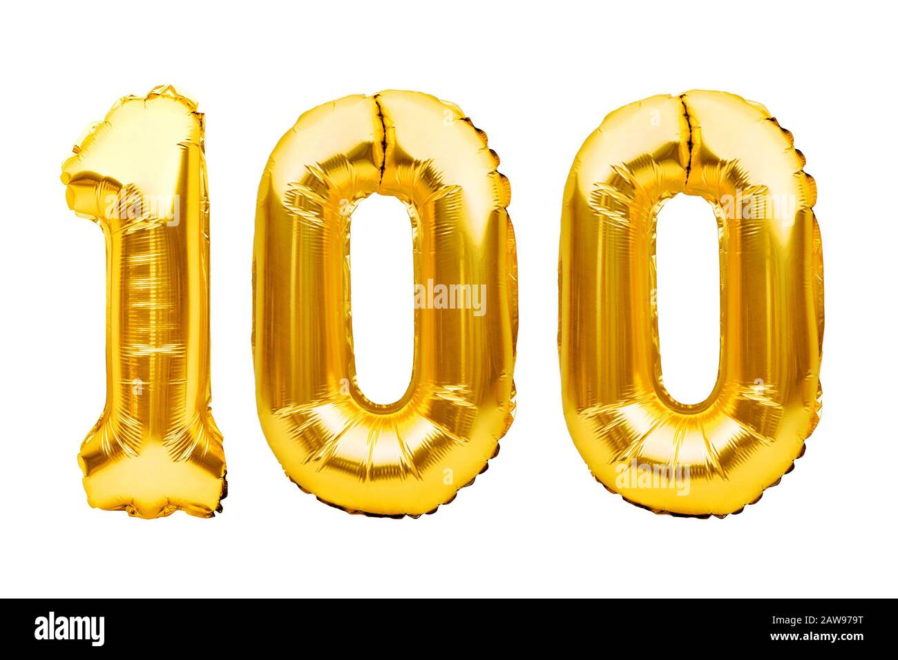 Numero 100 cento fatto di palloncini gonfiabili dorati isolati su bianco.  Palloncini di elio, numeri di foglio d'oro. Decorazione di festa, segno di  anniversario Foto stock - Alamy