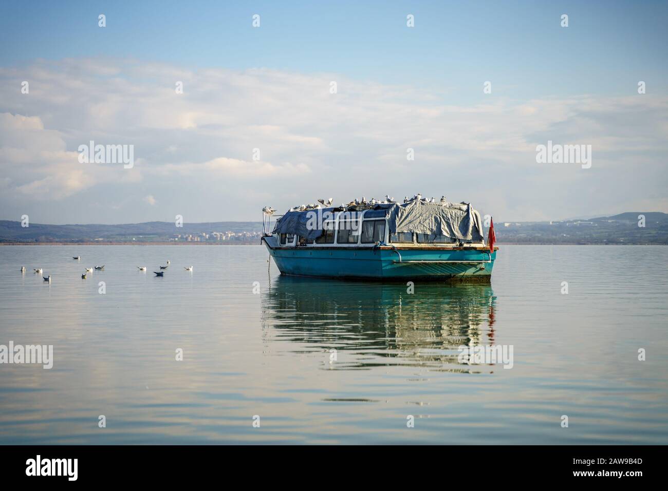 Bursa Golyazi lago con uccelli di gabbiani in barca Foto Stock