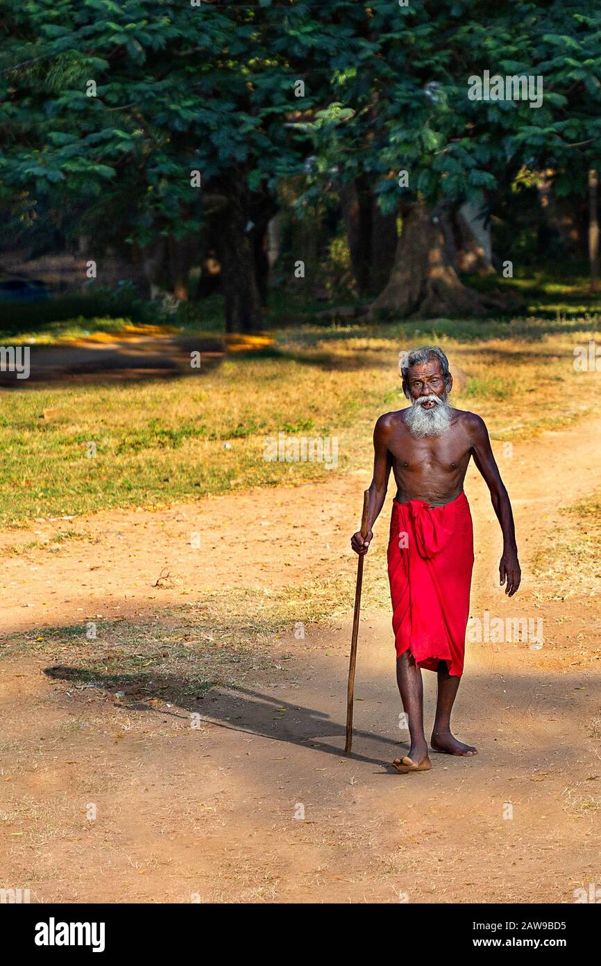 Uomo locale anziano a Kataragama, Sri Lanka Foto Stock