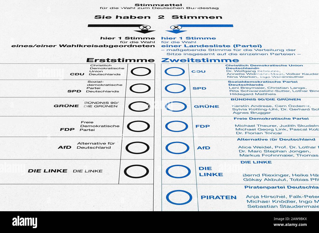 Scheda di voto per elezioni federali / elezioni parlamentari (per il Bundestag) in Germania. Foto Stock