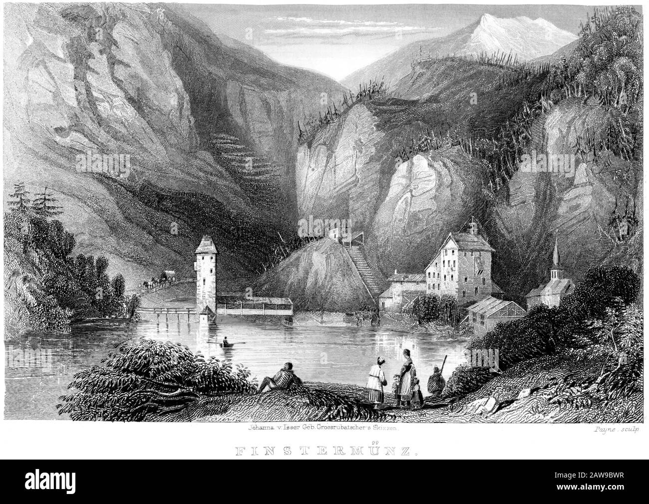 Un'incisione di Finstermunz (nel Tirolo) scansionata ad alta risoluzione da un libro stampato nel 1836. Si ritiene che questa immagine sia libera da tutti i diritti d'autore. Foto Stock